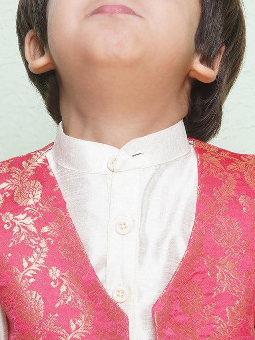 Cotton Blend Kids Pink Kurta Dhoti Waistcoat Set For Boys