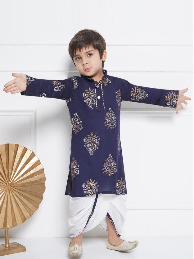 Kids Boys Blue Floral Print Cotton Dhoti Set