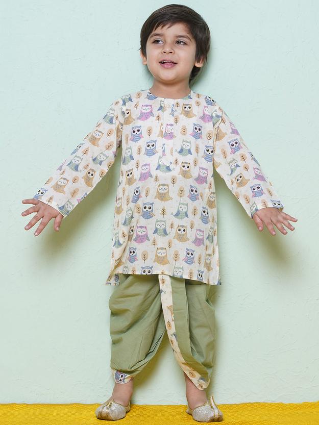 Kids Boys Pista Owl Print Cotton Dhoti Set