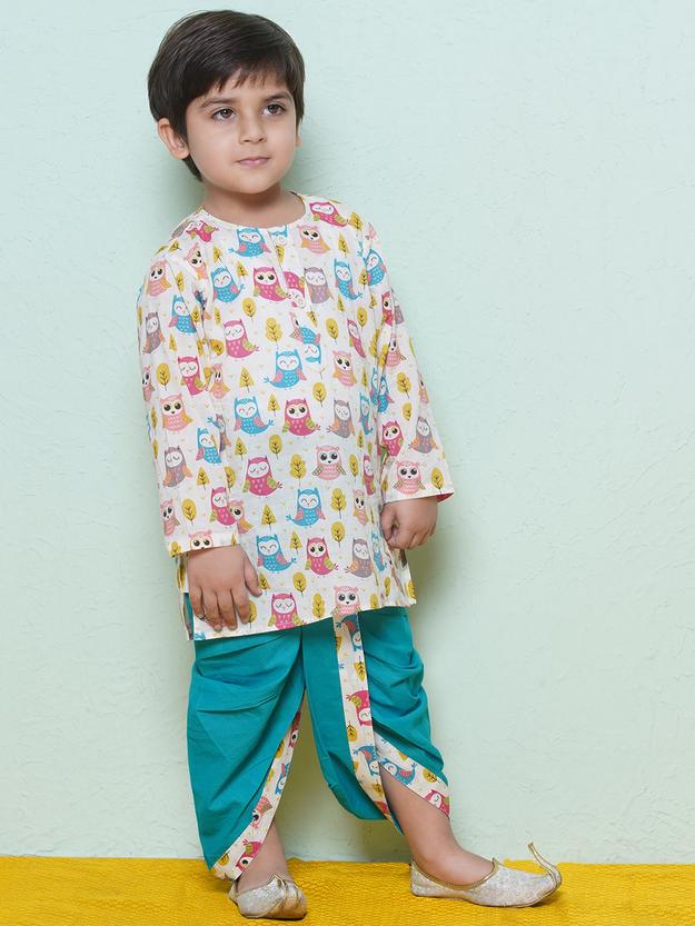 Kids Boys Teal Owl Print Cotton Dhoti Set