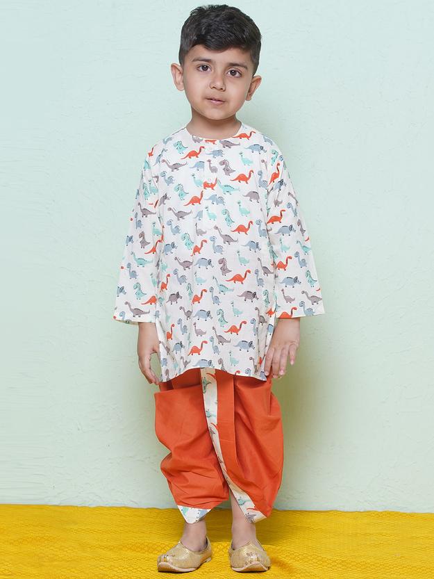 Kids Boys Rust Dino Print Cotton Dhoti Set