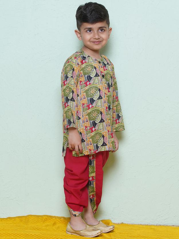 Kids Boys Red Abstract Print Cotton Dhoti Set