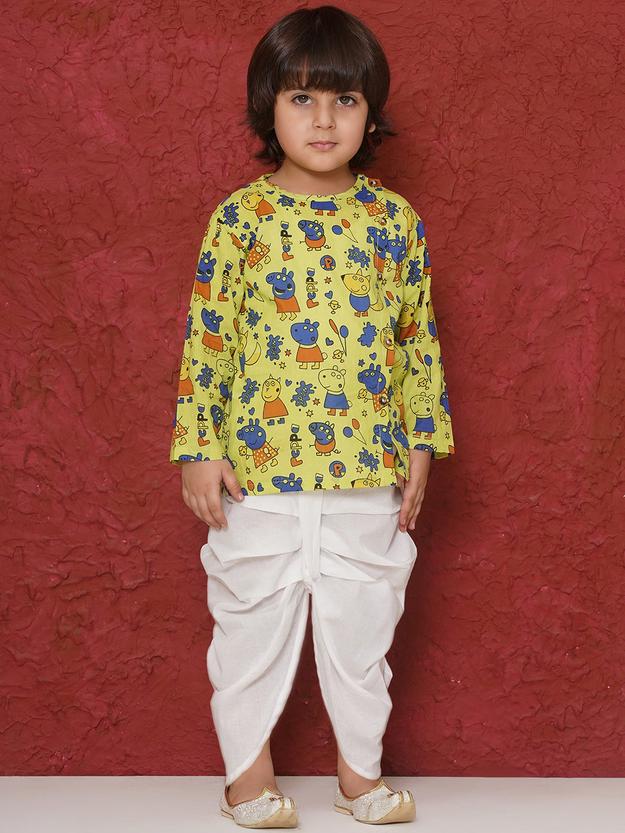 LIME Cotton Full sleeves Pepa Cartoon Print Dhoti Set for Boys