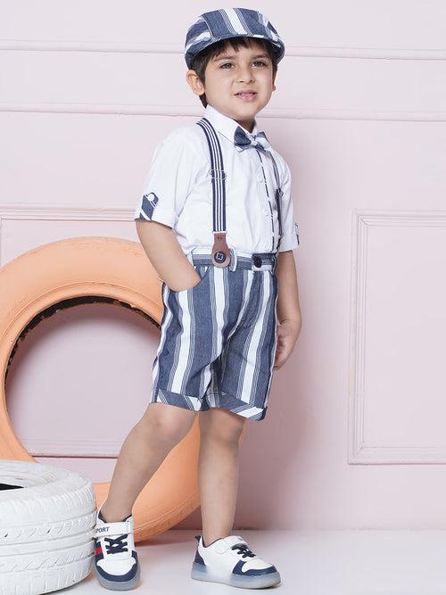 Boys Blue Cotton Blend Stripes Collar Neck Kids Clothing Set