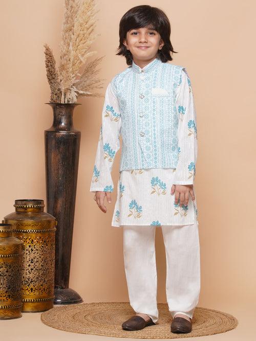 Kids Blue Cotton Printed Thread Work 3Pc Kurta Pant Set For Boys