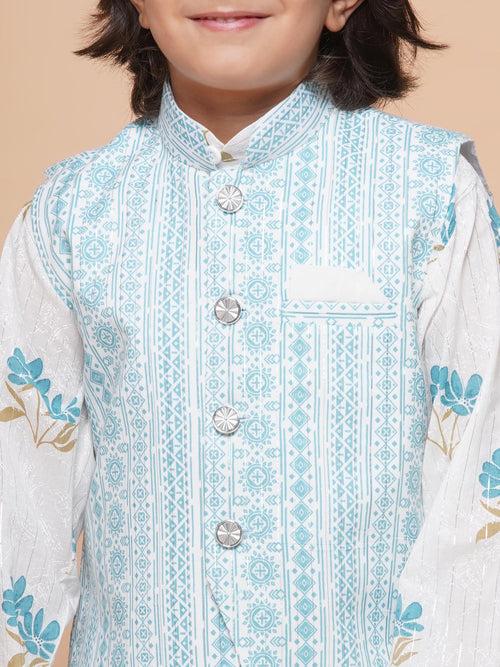 Kids Blue Cotton Printed Thread Work 3Pc Kurta Pant Set For Boys