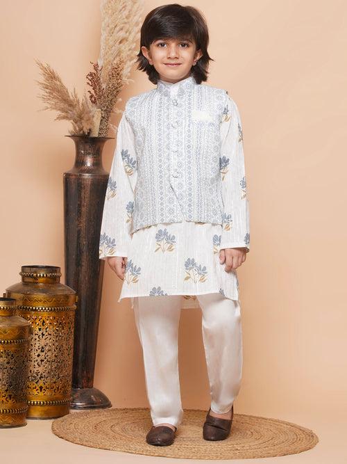 Kids Grey Cotton Printed Thread Work 3Pc Kurta Pant Set For Boys