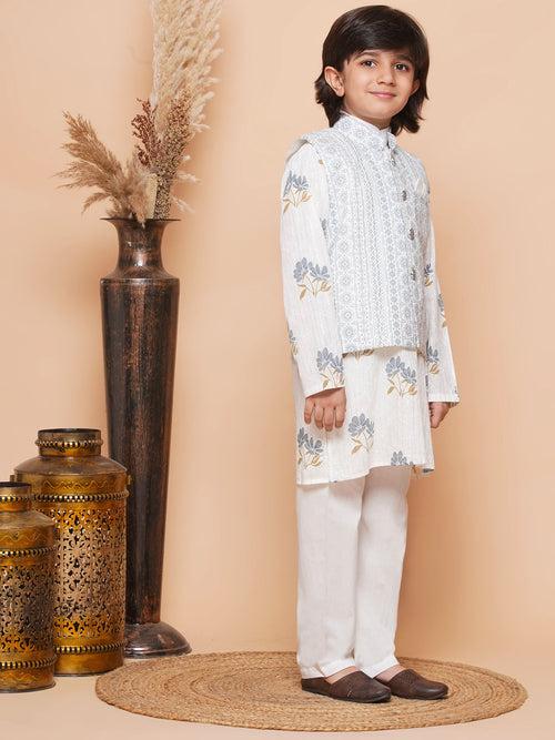 Kids Grey Cotton Printed Thread Work 3Pc Kurta Pant Set For Boys