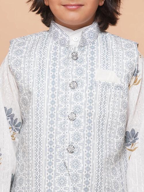 Kids Grey Cotton Printed Thread Work 3Pc Kurta Pant Set For Boys