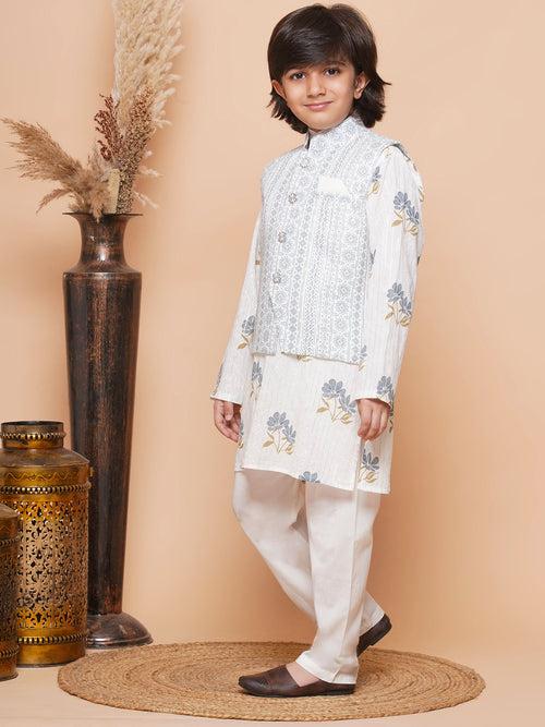 Kids Grey Cotton Printed Thread Work 3Pc Kurta Pant Set For Boys