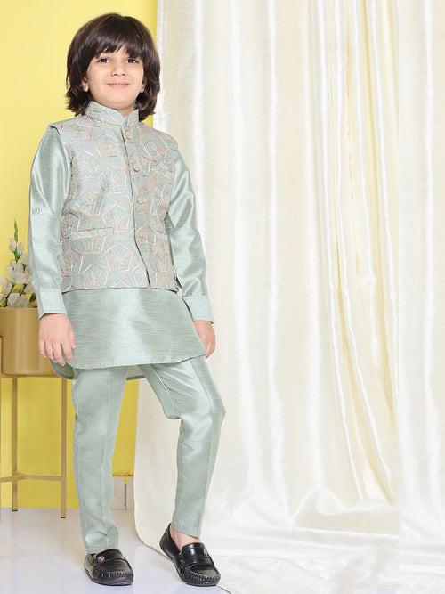 Boys Green Raw Silk Embroidery Mandarin Kurta Pyjama Waistcoat