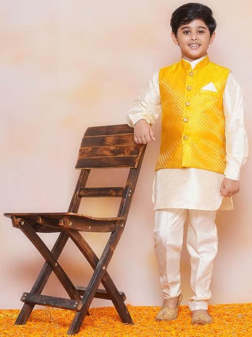 Boys Mustard Cotton Kurta Pyjama Waistcoat Set