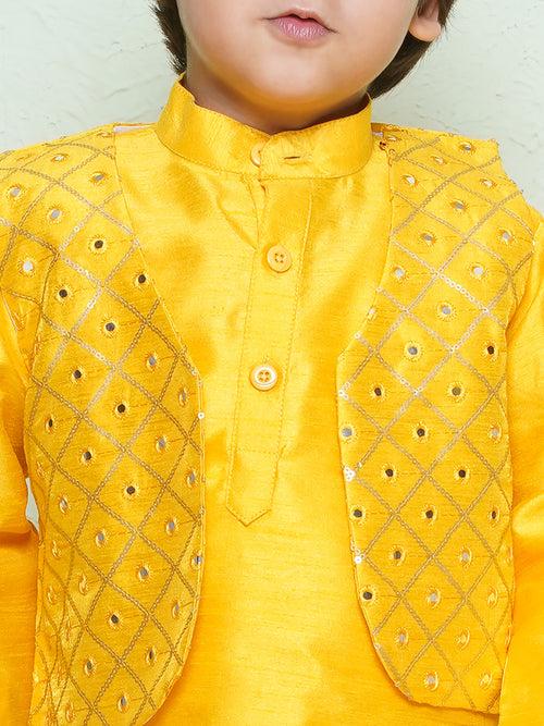 Cotton Blend Kids Mustard Kurta Pyjama Waistcoat Set For Boys