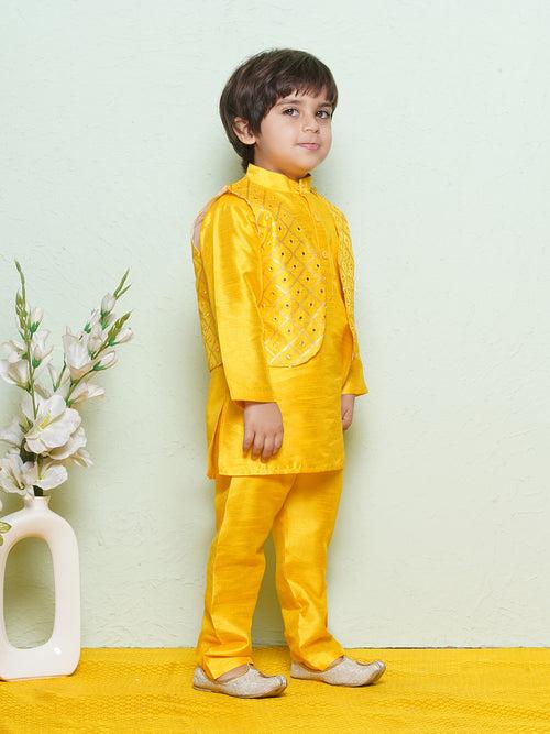 Cotton Blend Kids Mustard Kurta Pyjama Waistcoat Set For Boys