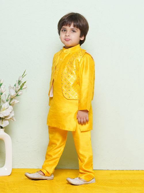 Cotton Blend Kids Mustard Kurta Pyjama Waistcoat Set For Boys