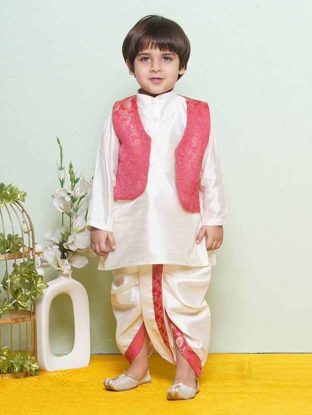 Kids Boys Pink Floral Print Cotton Blend Dhoti Set