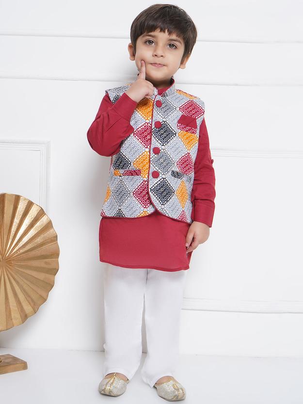 Kids Boys Red Printed Cotton Suit Set