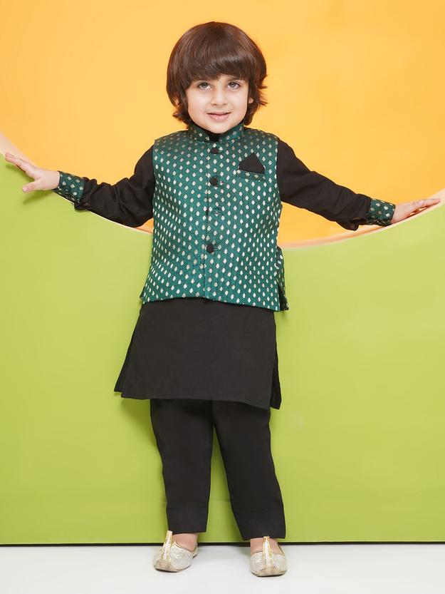 Aj Dezines BLACK Poly Chanderi Full sleeves Motif Print KPW Set for Boys