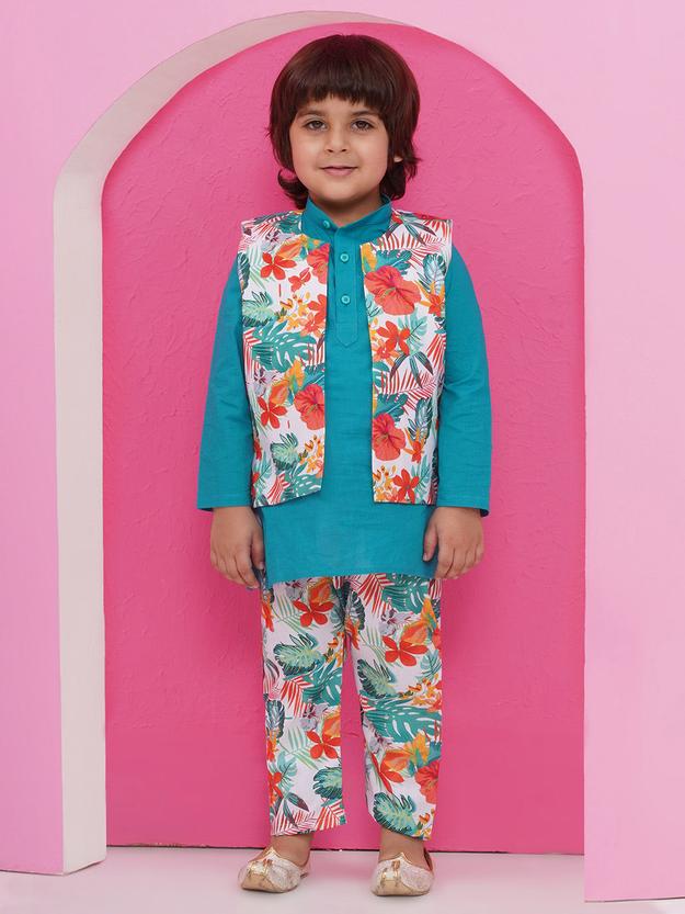 Blue Cotton Full sleeves Floral Printed Kurta Pyjama with waist coat for Boys