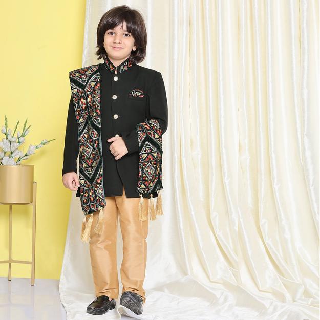 Kids Boys Green Embroidered Cotton Polyester Sherwani