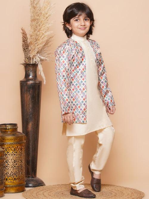 Kids Beige Cotton Silk Printed 3pc Kurta Set For Boys