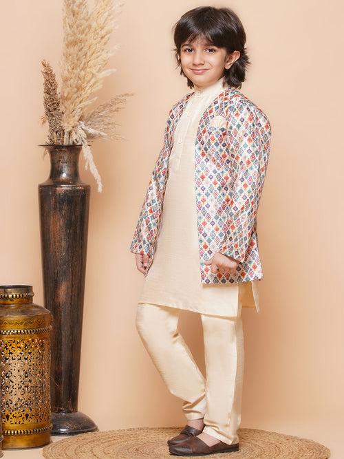 Kids Beige Cotton Silk Printed 3pc Kurta Set For Boys