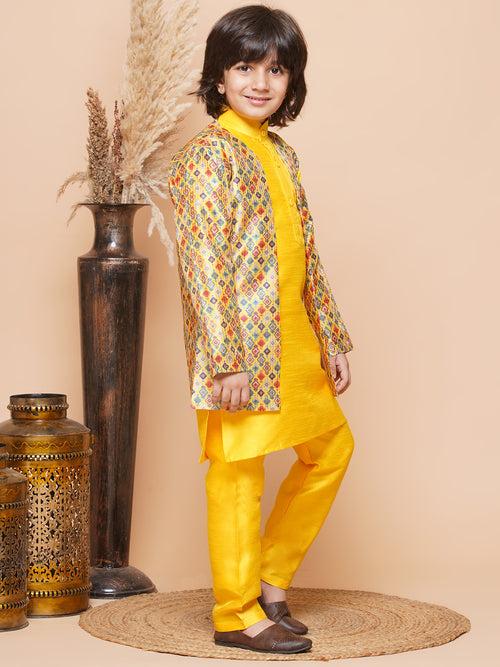 Kids Yellow Cotton Silk Printed 3pc Kurta Set For Boys