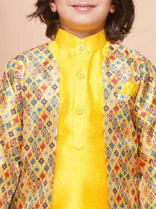 Kids Yellow Cotton Silk Printed 3pc Kurta Set For Boys