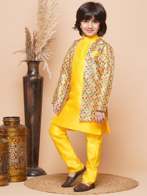 Kids Yellow Cotton Silk Printed 3pc Kurta Set For Boys