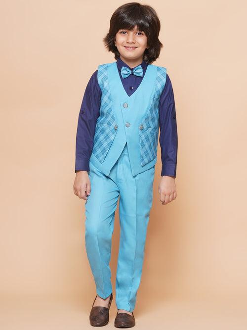 Kids Blue Suiting Fabric Checkered Suit Set For Boys