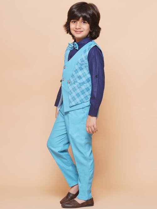 Kids Blue Suiting Fabric Checkered Suit Set For Boys