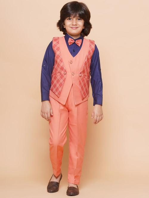 Kids Peach Suiting Fabric Checkered Suit Set For Boys