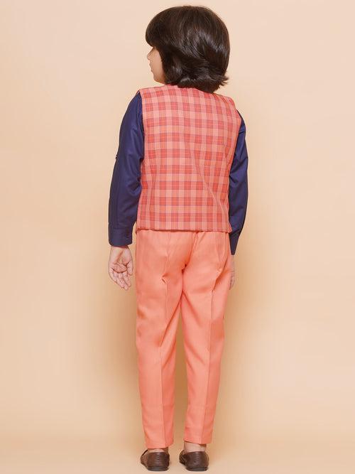 Kids Peach Suiting Fabric Checkered Suit Set For Boys