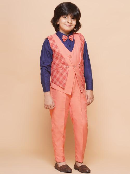 Kids Peach Suiting Fabric Checkered Suit Set For Boys