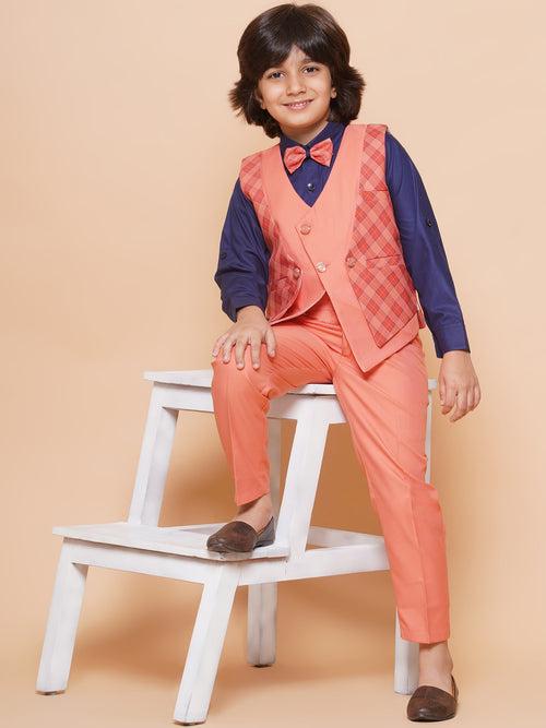 Kids Peach Suiting Fabric Checkered Suit Set For Boys