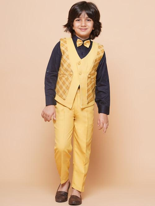 Kids Yellow Suiting Fabric Checkered Suit Set For Boys