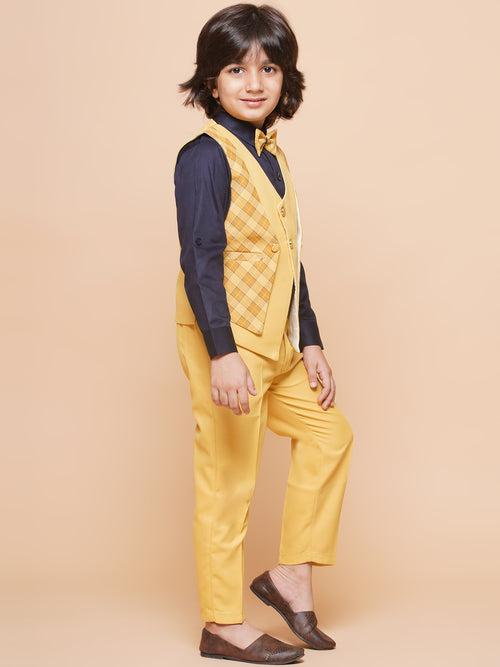 Kids Yellow Suiting Fabric Checkered Suit Set For Boys