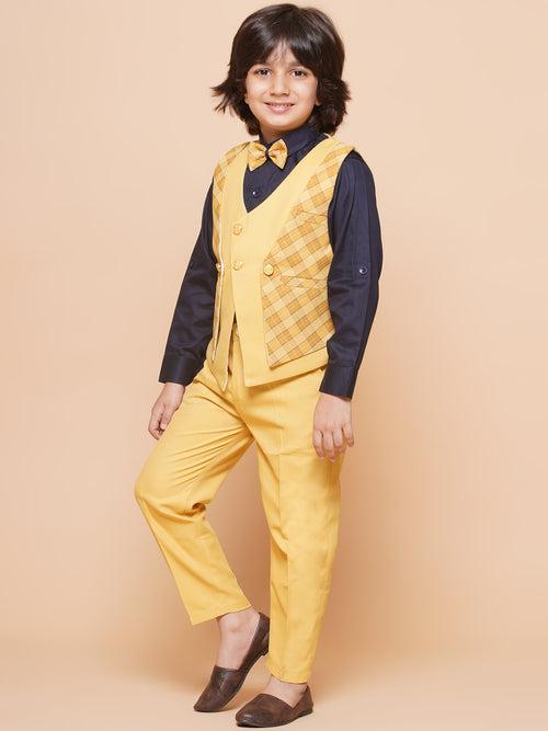 Kids Yellow Suiting Fabric Checkered Suit Set For Boys