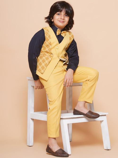 Kids Yellow Suiting Fabric Checkered Suit Set For Boys