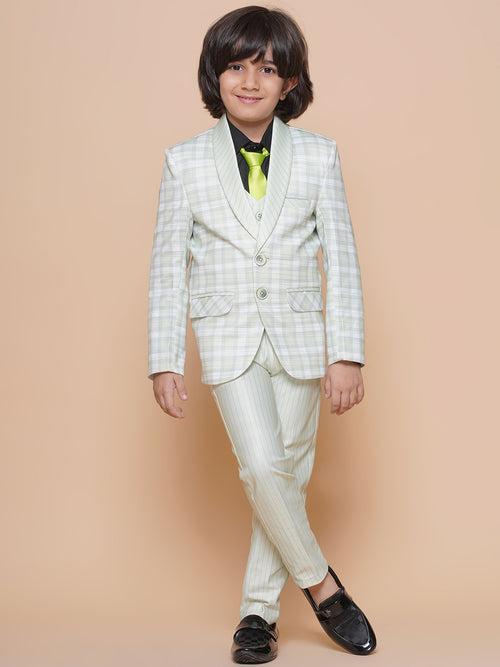 Boys Kids Check Light Green Cotton Blend Suit Set