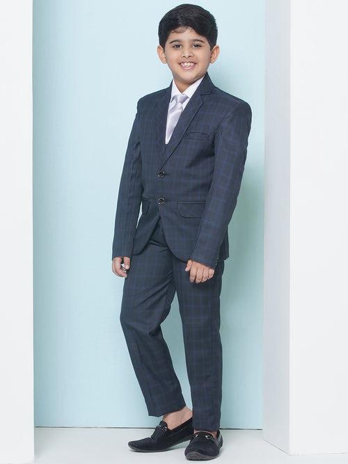 Boys Kids Check Navy Blue Cotton Blend Suit Set