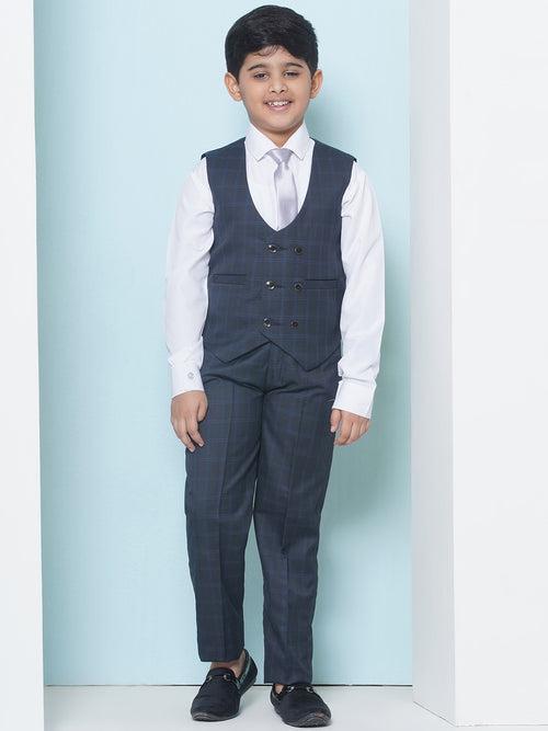 Boys Kids Check Navy Blue Cotton Blend Suit Set