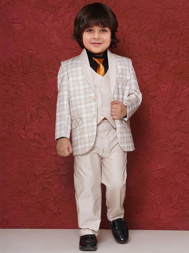 CREAM Cotton Blend Full sleeves Check Pattern Print Coat Suit Set for Boys