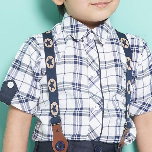 Baby Boys White Cotton Blend Checkered Collar Neck Kids Clothing Set