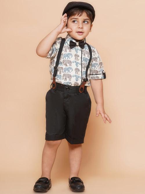 Boys Black Cotton Blend Animal Print Collar Neck Kids Clothing Set