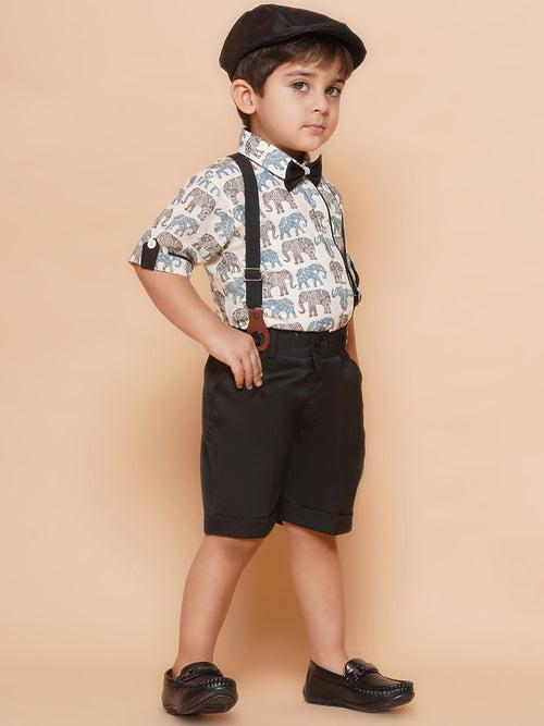 Boys Black Cotton Blend Animal Print Collar Neck Kids Clothing Set