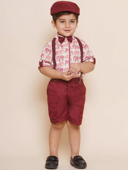 Boys Maroon Cotton Blend Animal Print Collar Neck Kids Clothing Set