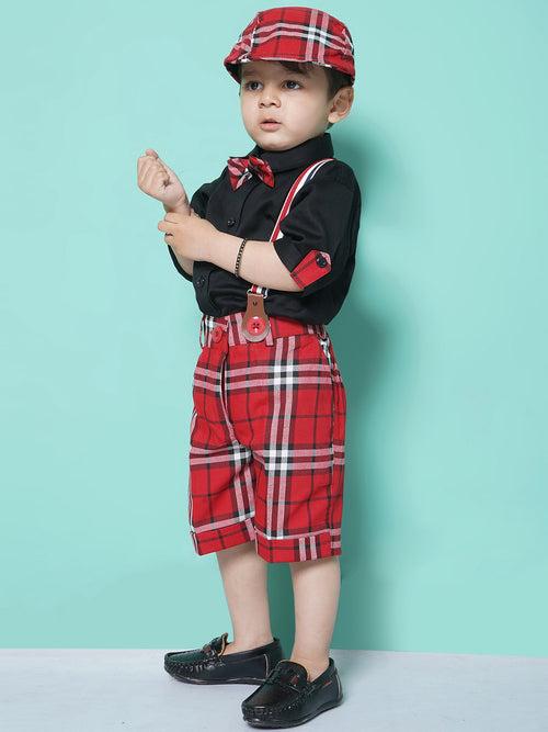 Boys Black Cotton Blend Checkered Collar Neck Kids Clothing Set