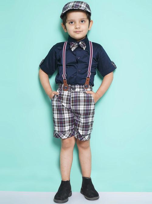 Boys Dark Blue Cotton Blend Checkered Collar Neck Kids Clothing Set