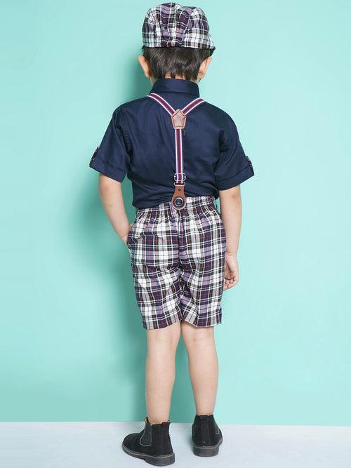 Boys Dark Blue Cotton Blend Checkered Collar Neck Kids Clothing Set